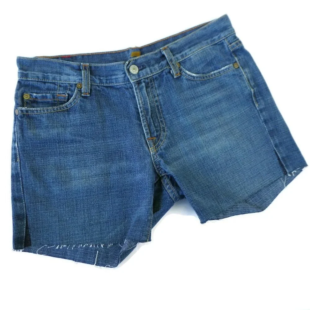 7FAM USA Cutoff Shorts Mid Rise Blue Cotton Denim 30 Waist